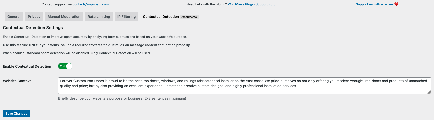 The Contextual Spam Detection the OOPSpam WordPress Plugin